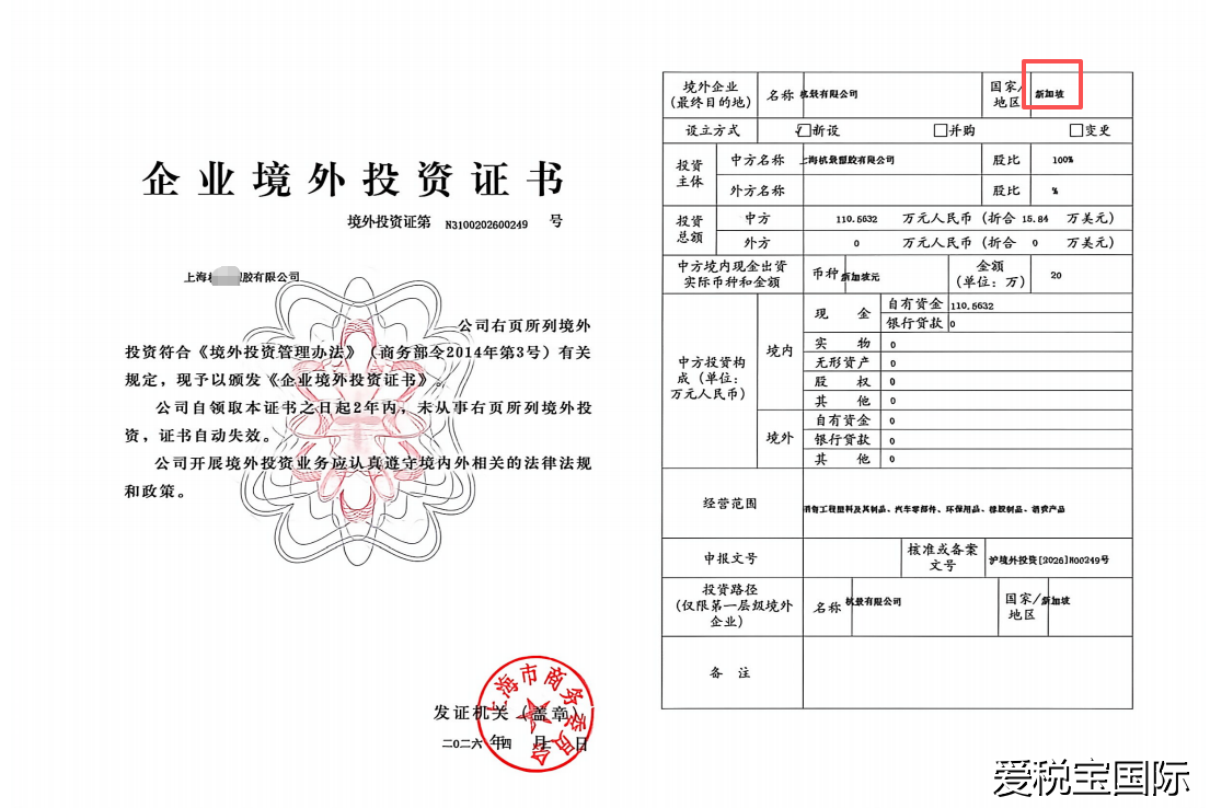 上海XXX有限公司ODI备案证书