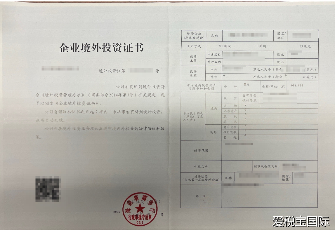 海南XXX有限公司ODI备案证书
